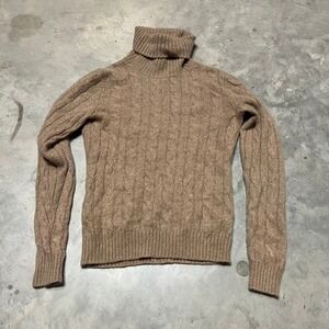 Evelyn Grace 100% Cashmere Cable Knit Turtleneck Sweater Tan Brown Womens Small